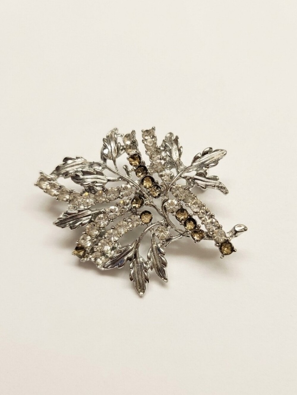 Vintage 1960s Rhinestone Leaf Bouquet Brooch Pin
